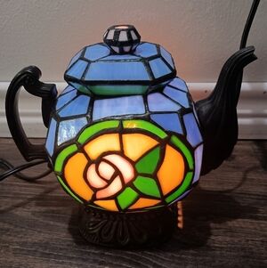 Vintage Tiffany Style Floral Stained Glass Tea Pot Table Lamp By Cheyenne Decor
